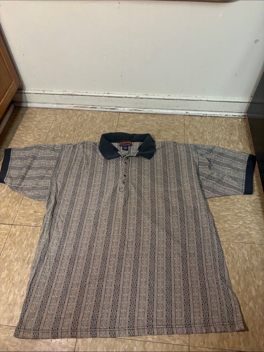 Striped Gray Short-Sleeve Polo with Navy Contrast Collar